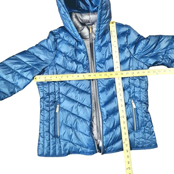 NWT Kenneth Cole Blue Gray Bib Front Zip Hooded Puffer Jacket Petrol L - Picture 16 of 16